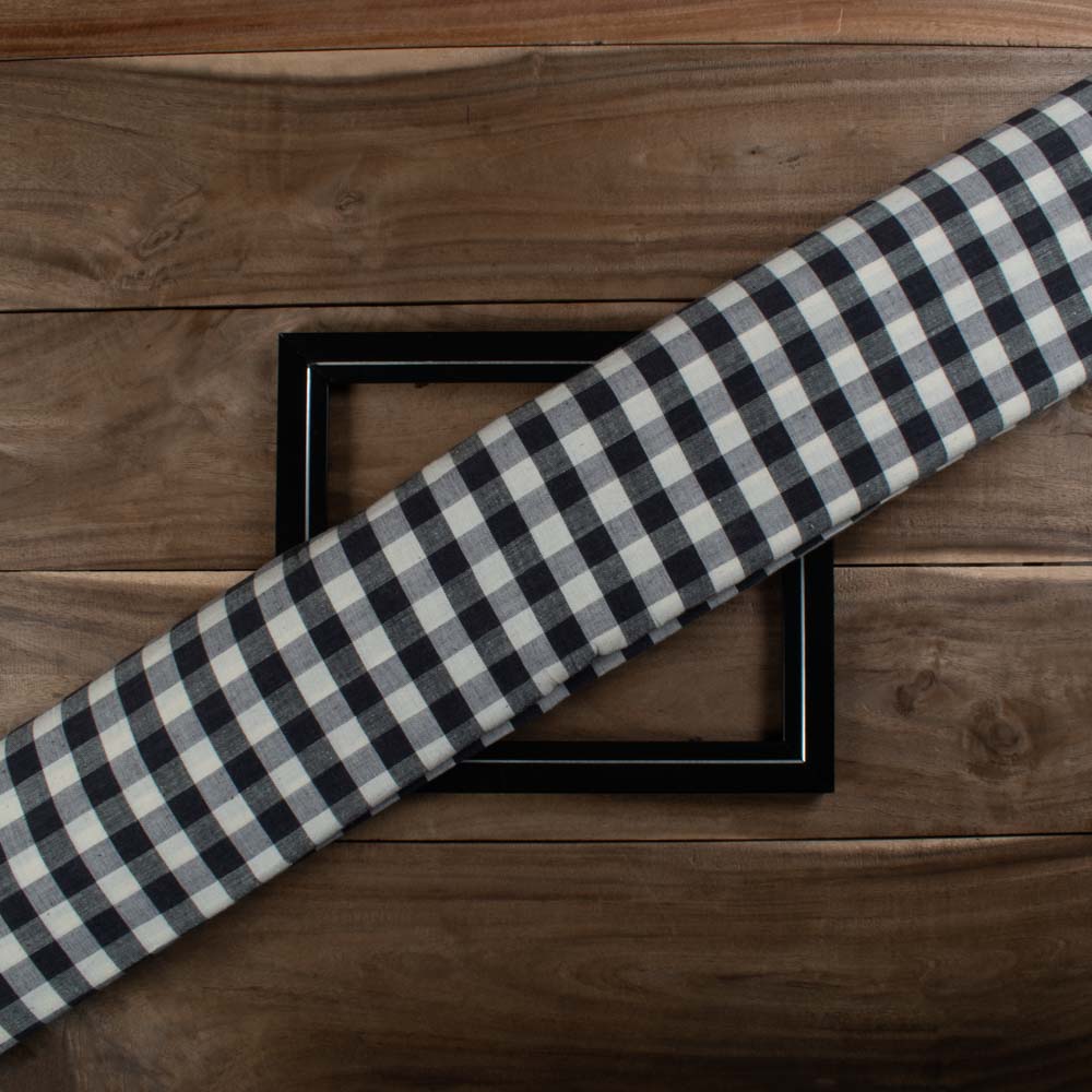 Check Black Grey White Cotton Khadi 120 GSM Handwoven Fabric 748