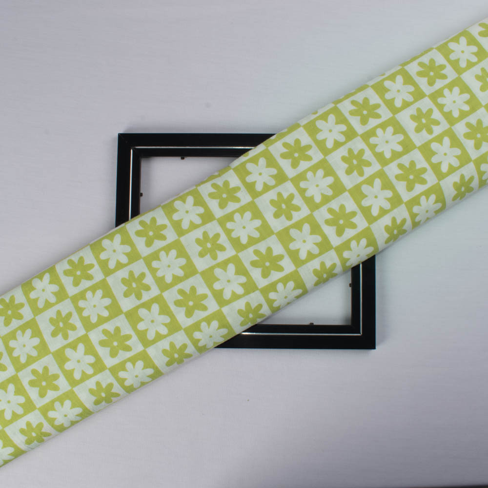 Floral Light Green White Screenprinted Pure Khadi 90 GSM Handwoven Fabric