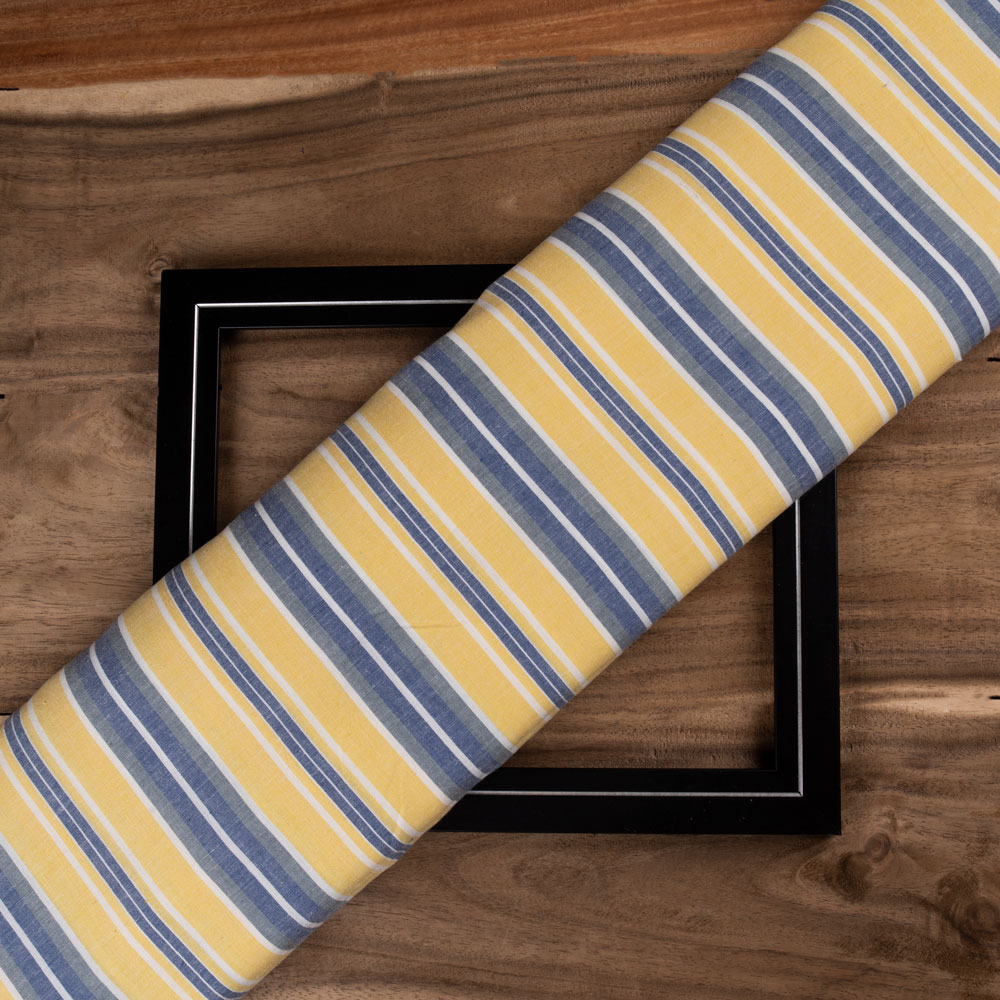 Stripe Yellow & Blue Pure Cotton 97 GSM Handwoven Fabric