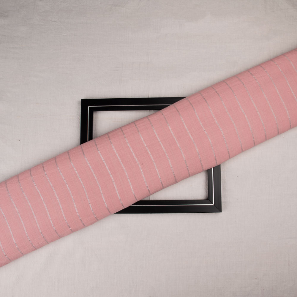 Stripe Rose Pink Pure Cotton & Zari 65 GSM Handwoven Fabric