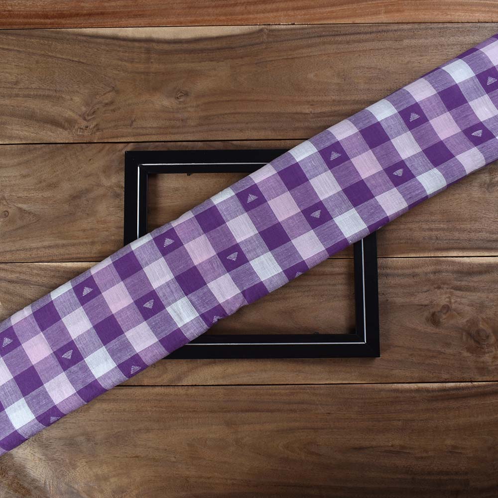Check Purple White Jamdani Pure Cotton 75 GSM Handwoven Fabric