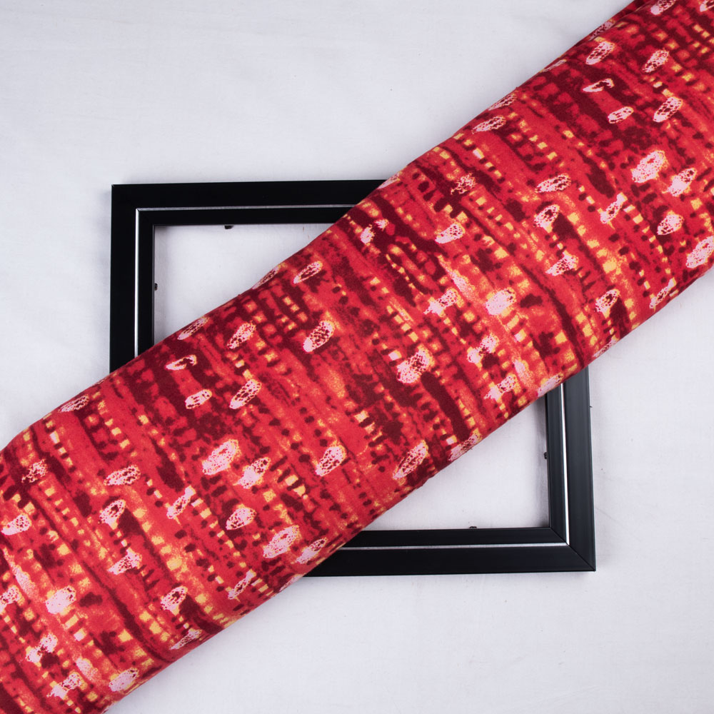 Abstract Red Screenprinted Cotton Khadi 120 GSM Handwoven Fabric