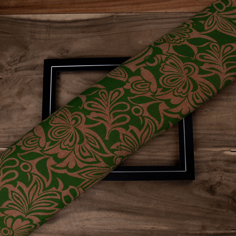 Floral Green & Brown Screenprinted Cotton Khadi 84 GSM Handwoven Fabric