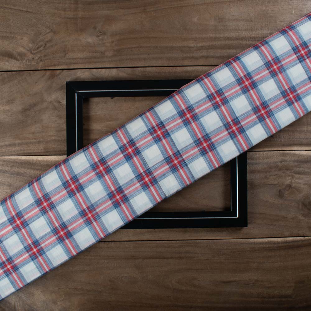 Check Blue Red White Tie Dye 70 GSM Pure Cotton Handwoven Fabric