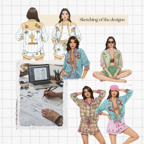 Apparel design sketches planning for a small womenswear collection, showing garment illustrations, silhouette development, and sketching during the apparel sampling stage.