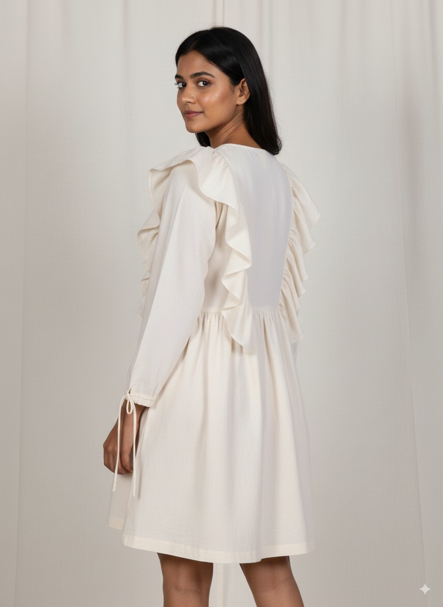 Shoulder pleated Dress with Sleeve tie