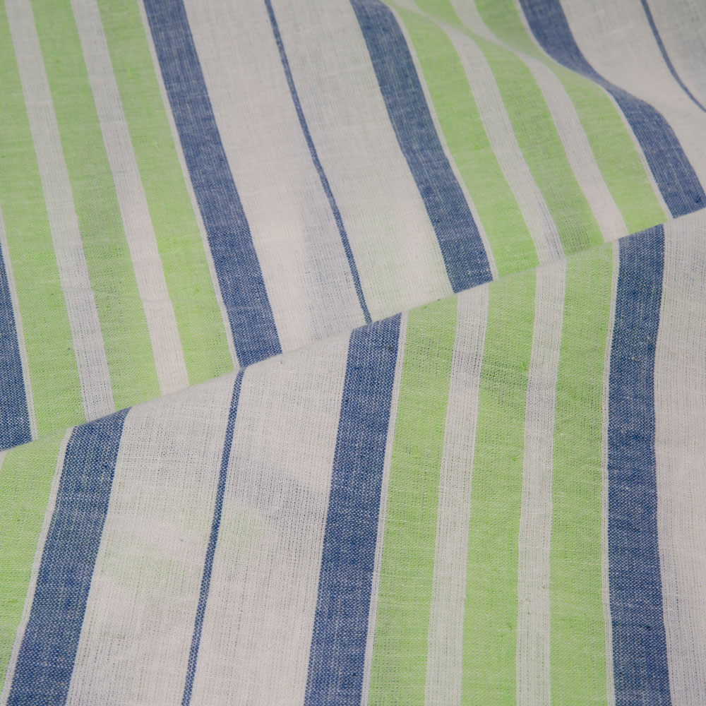 STRIPE WHITE BLUE & GREEN PURE COTTON 92 GSM HANDWOVEN FABRIC