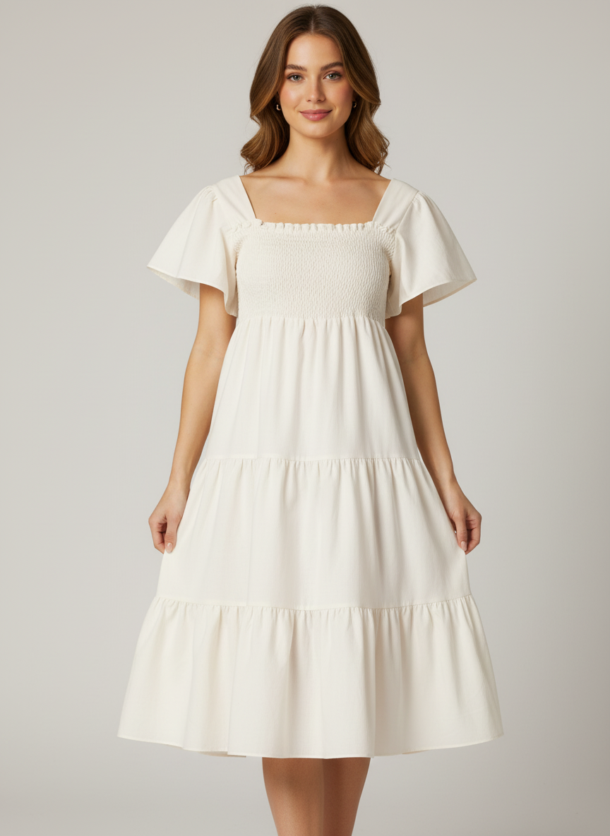 Three Tiered Smoky Dress-Flounce Sleeves-Full Length