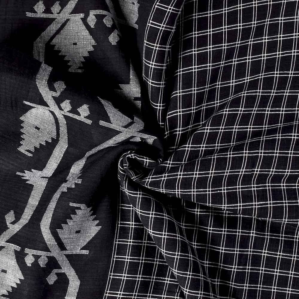 Check Black & White Jamdani Pure Cotton 65 GSM Handwoven Fabric