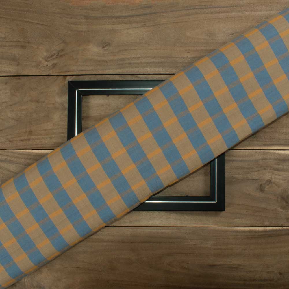Check Tan and Blue Pure Cotton 95 GSM Handwoven Fabric 682