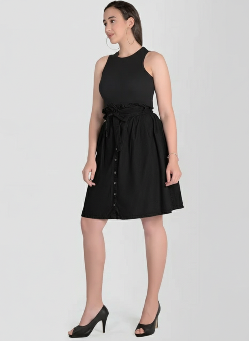 Gathered Tie Up Buttoned Skirt
