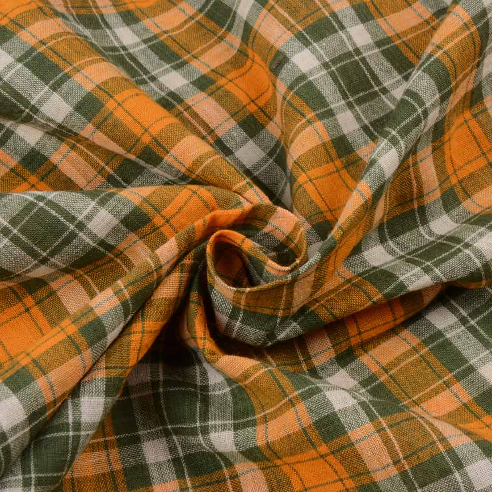 Check Orange & Green Pure Cotton 87 GSM Handwoven Fabric