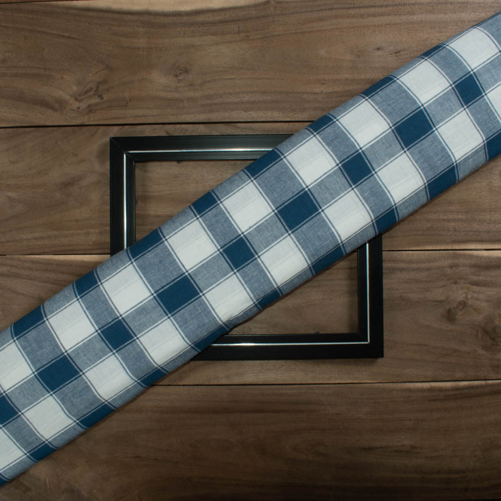 Check White and Blue Pure Cotton 105 GSM Handwoven Fabric
