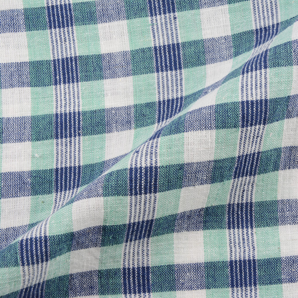 CHECK BLUE GREEN KHADI FABRIC - 113 GSM HANDSPUN & HANDWOVEN