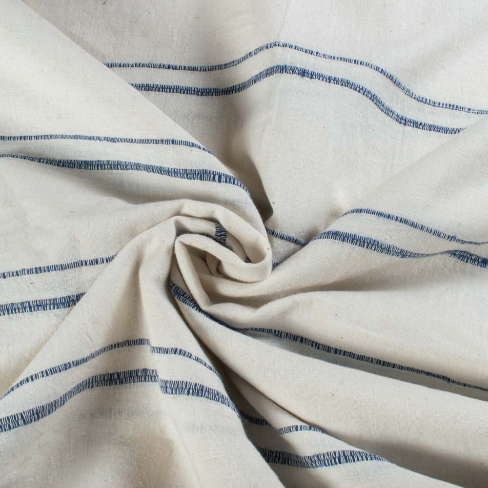 Extra Weft White & Blue Stripe Pure Cotton 135 GSM Handwoven Fabric
