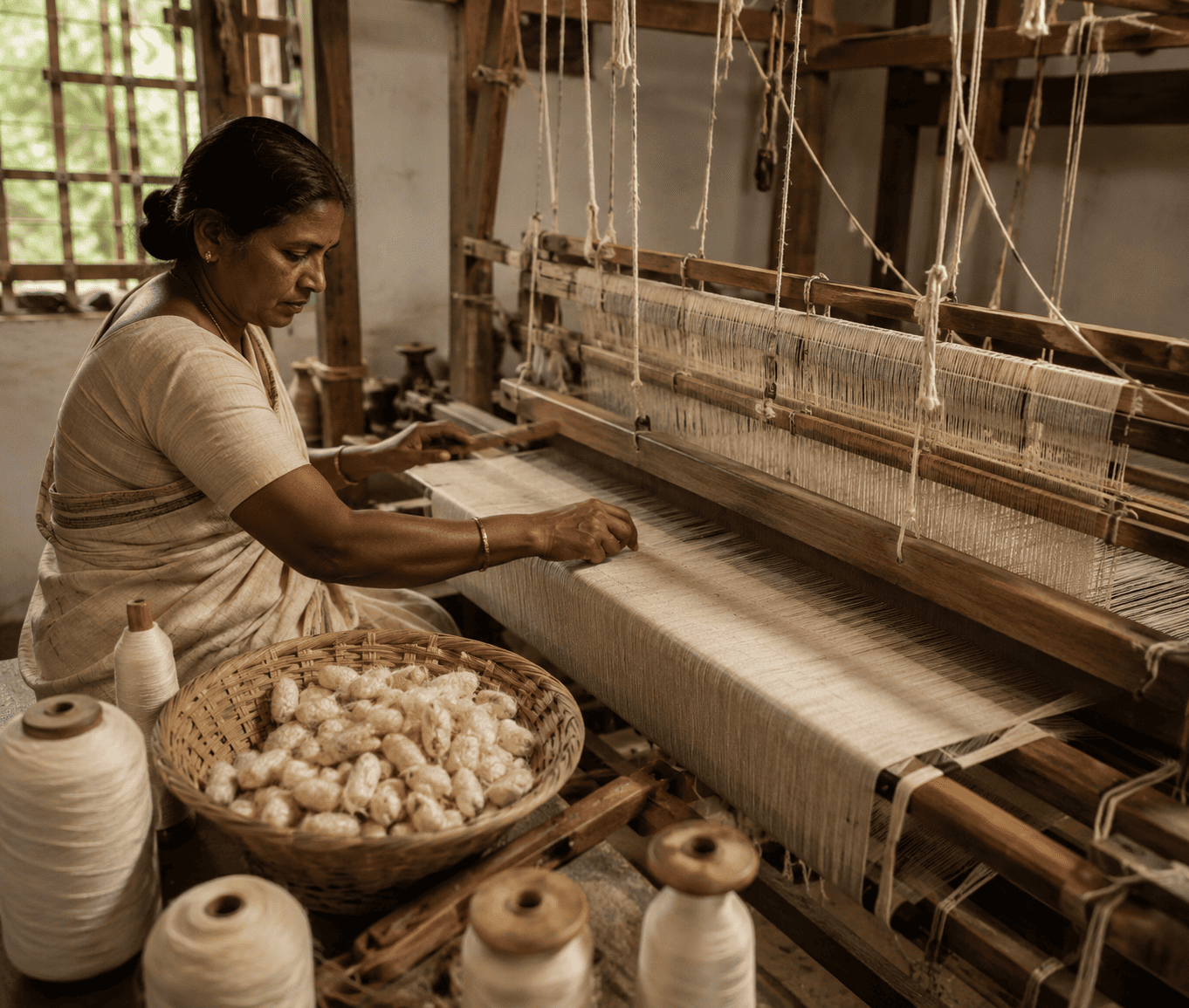 Handloom artisan weaving raw silk fabric on a traditional loom using natural silk yarn.