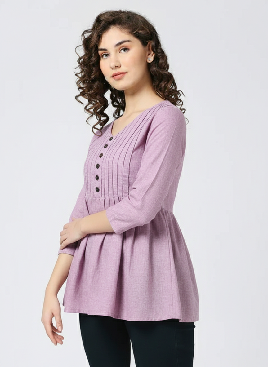Buttoned Peplum Top With Tucks
