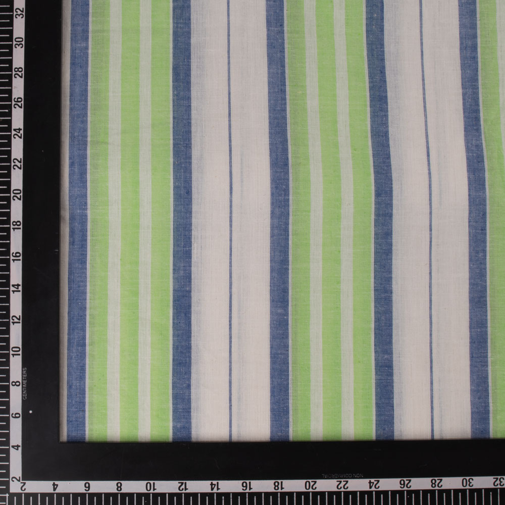 STRIPE WHITE BLUE & GREEN PURE COTTON 92 GSM HANDWOVEN FABRIC