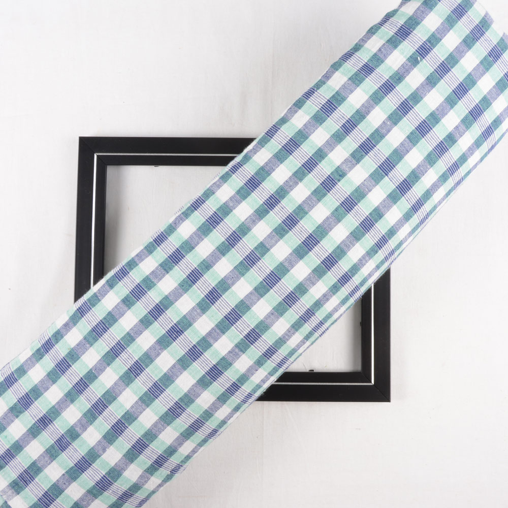 CHECK BLUE GREEN KHADI FABRIC - 113 GSM HANDSPUN & HANDWOVEN