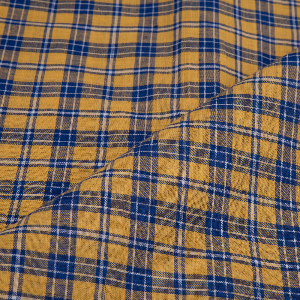 CHECK YELLOW & BLUE PURE COTTON 93 GSM HANDWOVEN FABRIC