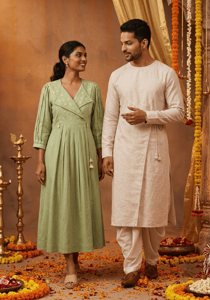 Styling Traditional Wrapped Dress for women and Layered Angrakha Wrapped Kurta for men.