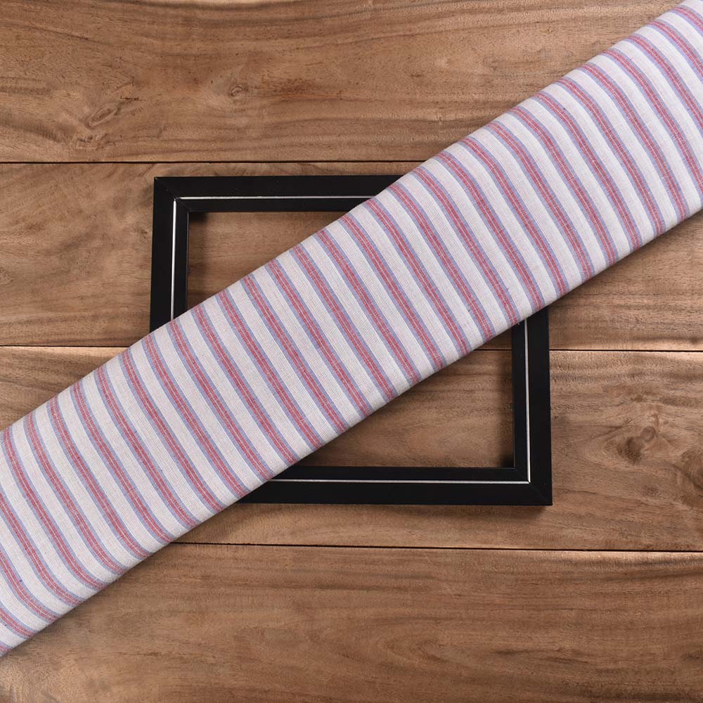 Stripe White Blue And Red Pure Cotton 80 GSM Handwoven Fabric