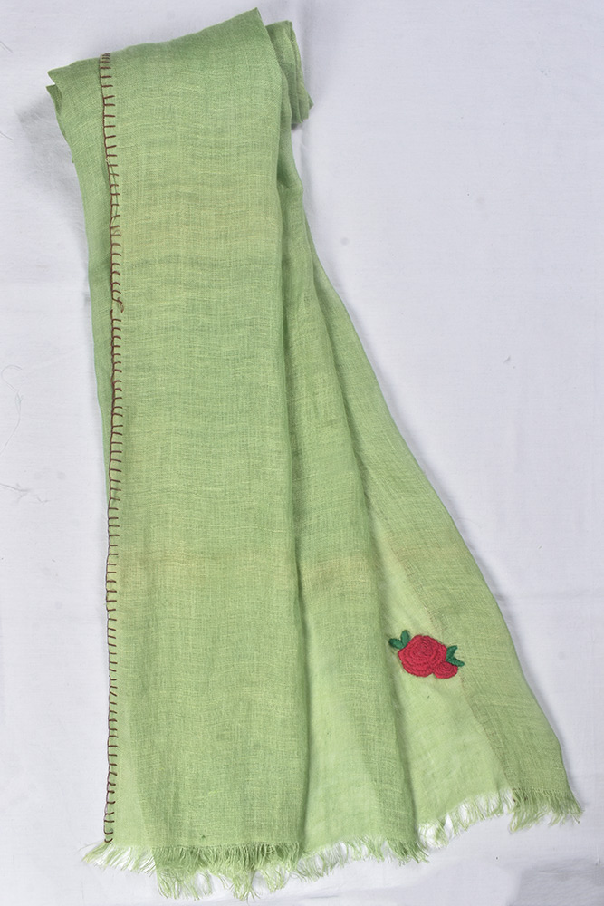 OLIVE GREEN HAND EMBROIDERED LINEN SCARF