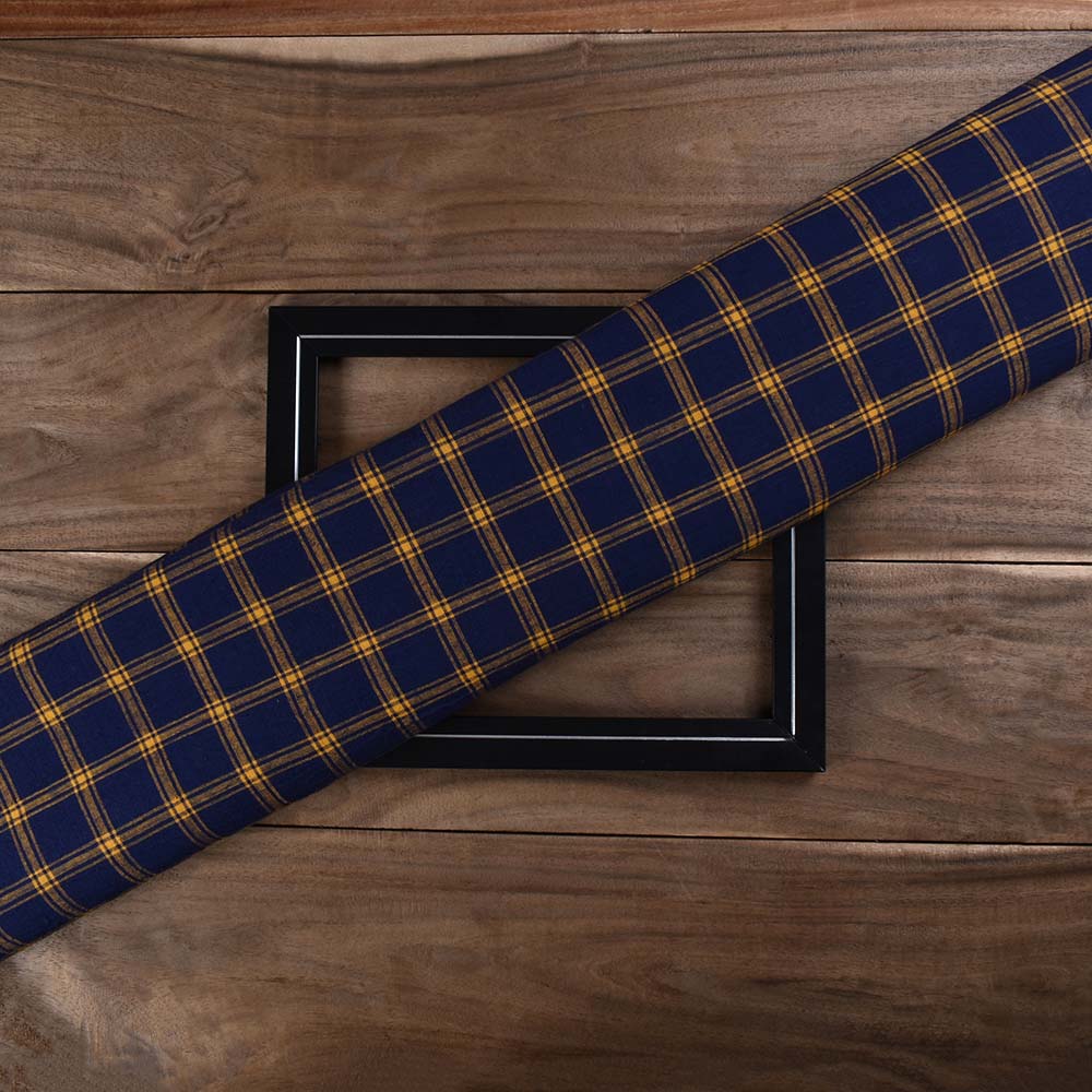 Check Navy Yellow Pure Cotton 110 GSM Handwoven Fabric