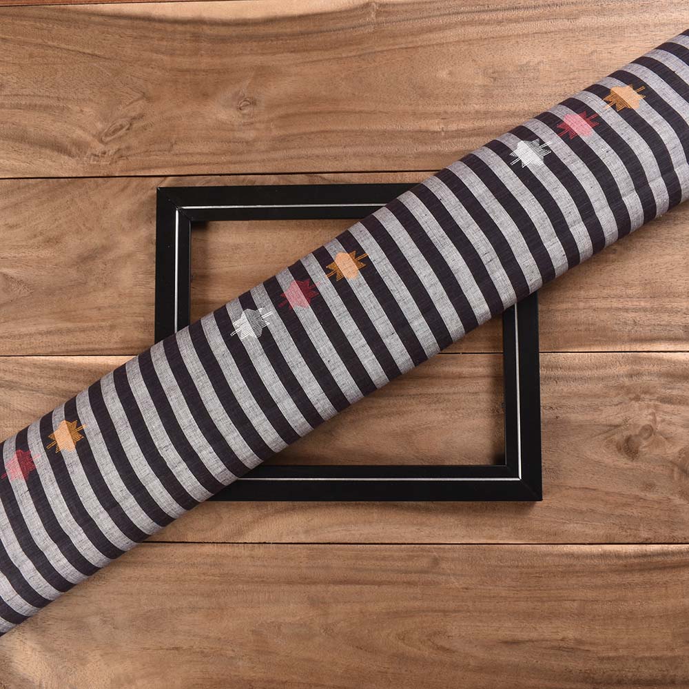 Stripe Black White Jamdani Khadi Cotton 60 GSM Handwoven Fabric 283