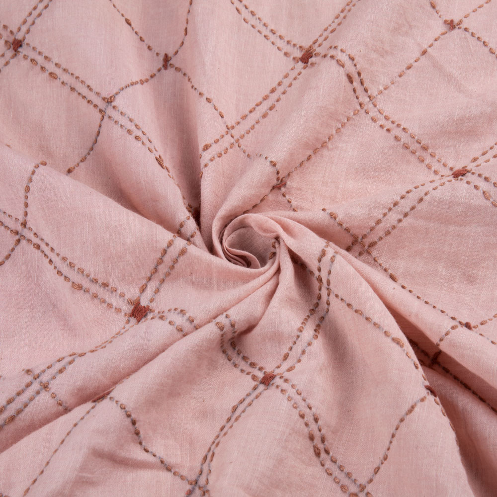 Check Pink Kantha Embroidered Khadi Cotton 86 GSM Handwoven Fabric