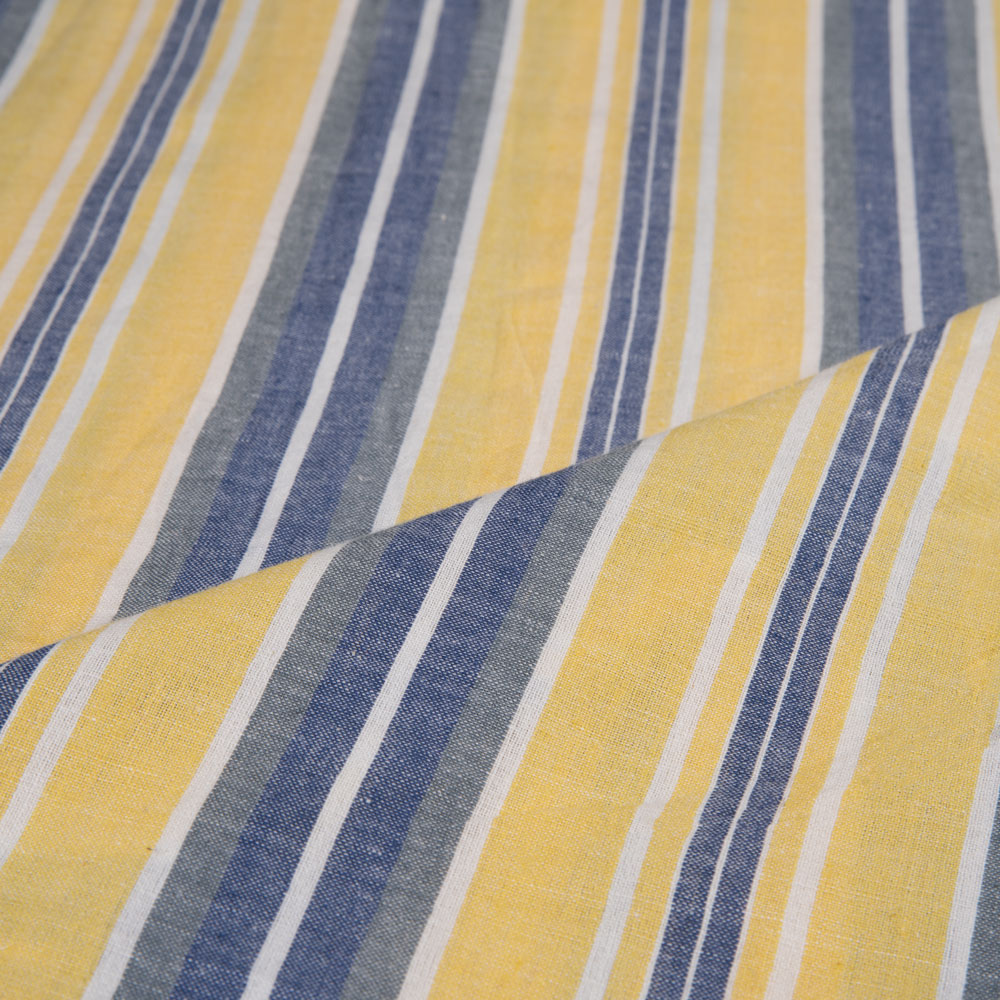 STRIPE YELLOW & BLUE PURE COTTON 97 GSM HANDWOVEN FABRIC