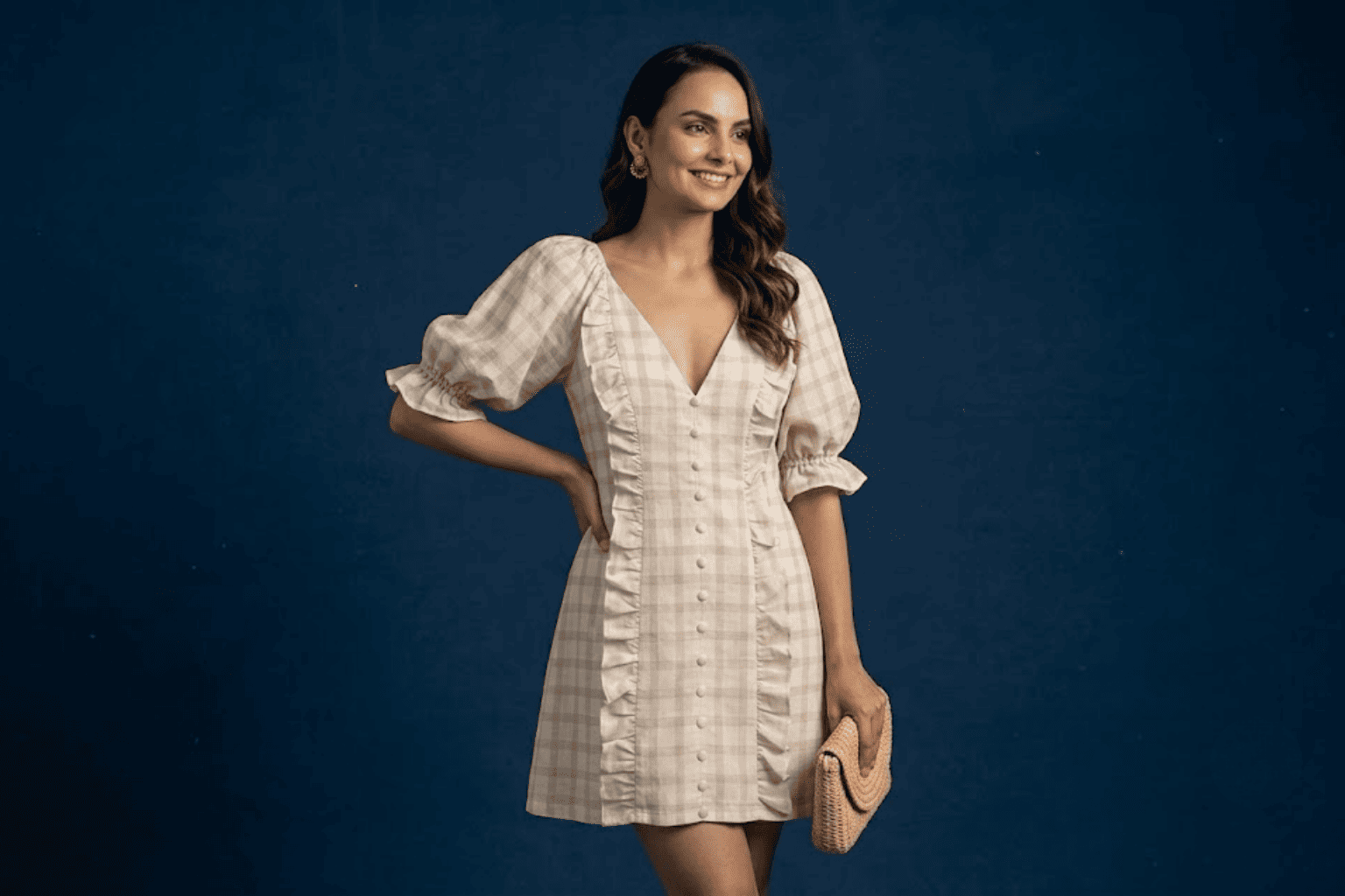 Elegant buttoned and ruffled short dress for women