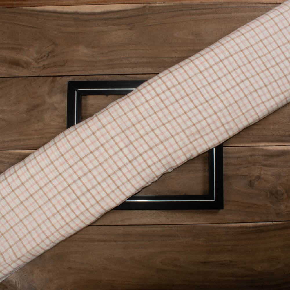 Check Multicolor Cream Pink Brown Linen Cotton 140 GSM Handwoven Fabric