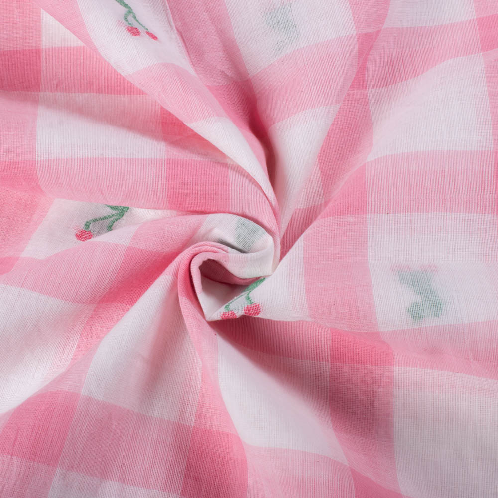 Check Pink White Pure Cotton 55 GSM Cherry Jamdani Fabric