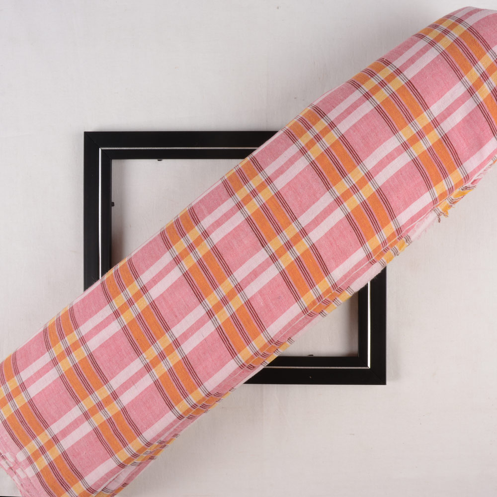Check Red & Orange Pure Cotton 95 GSM Handwoven Fabric