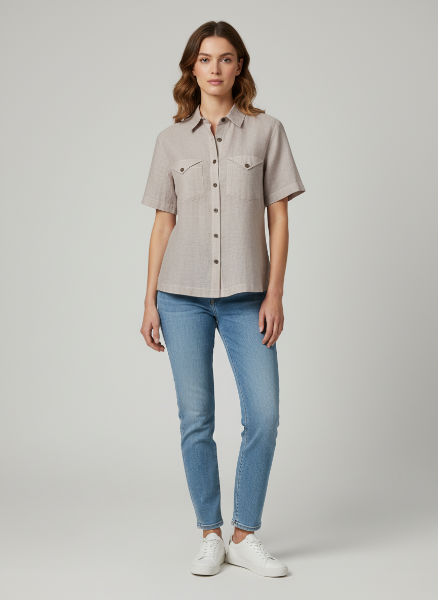 Basic Spread Collared Shirt With Center Placket- Short Sleeves