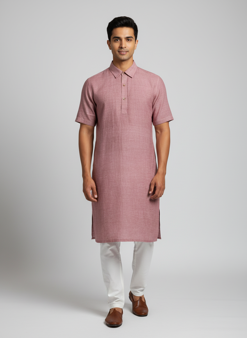 Plain Polo Sem Botao Collared Kurta With Half Sleeves - Thigh Length		