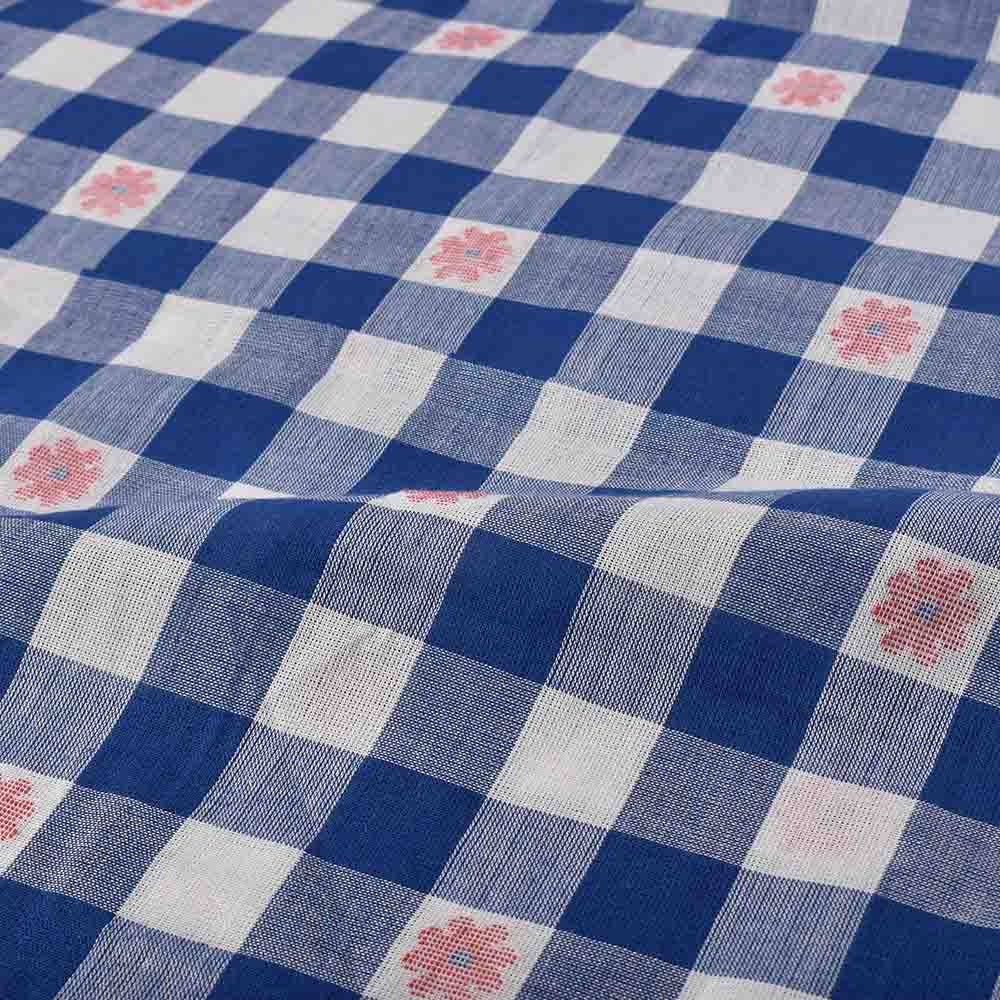 CHECK BLUE WHITE JAMDANI PURE COTTON 105 GSM HANDWOVEN FABRIC