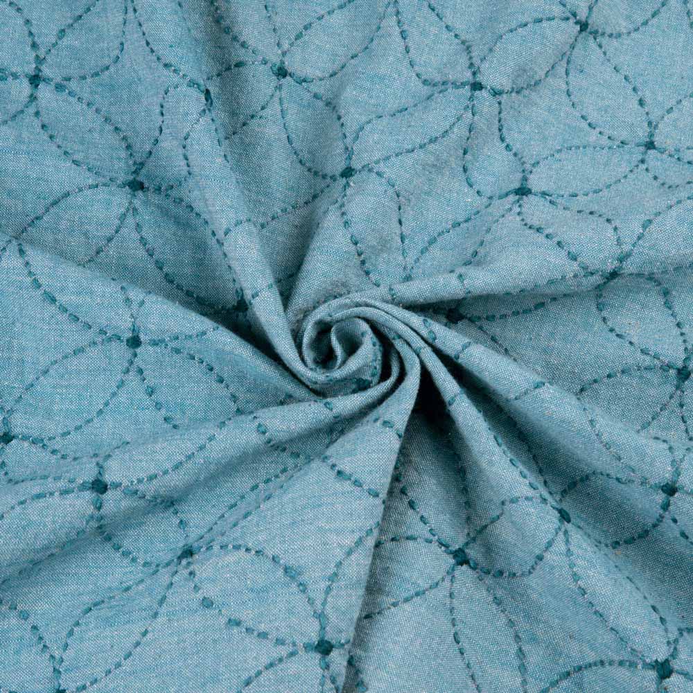 Geometrc Blue Kantha Embroidered Khadi Cotton 152 GSM Handwoven Fabric