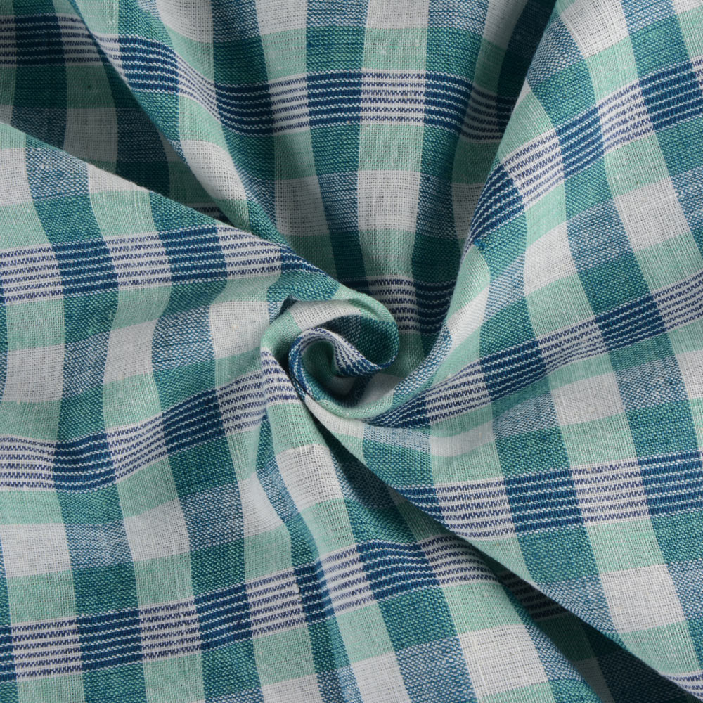 Check Teal & Green Pure Khadi Fabric - 108 GSM Handspun & Handwoven