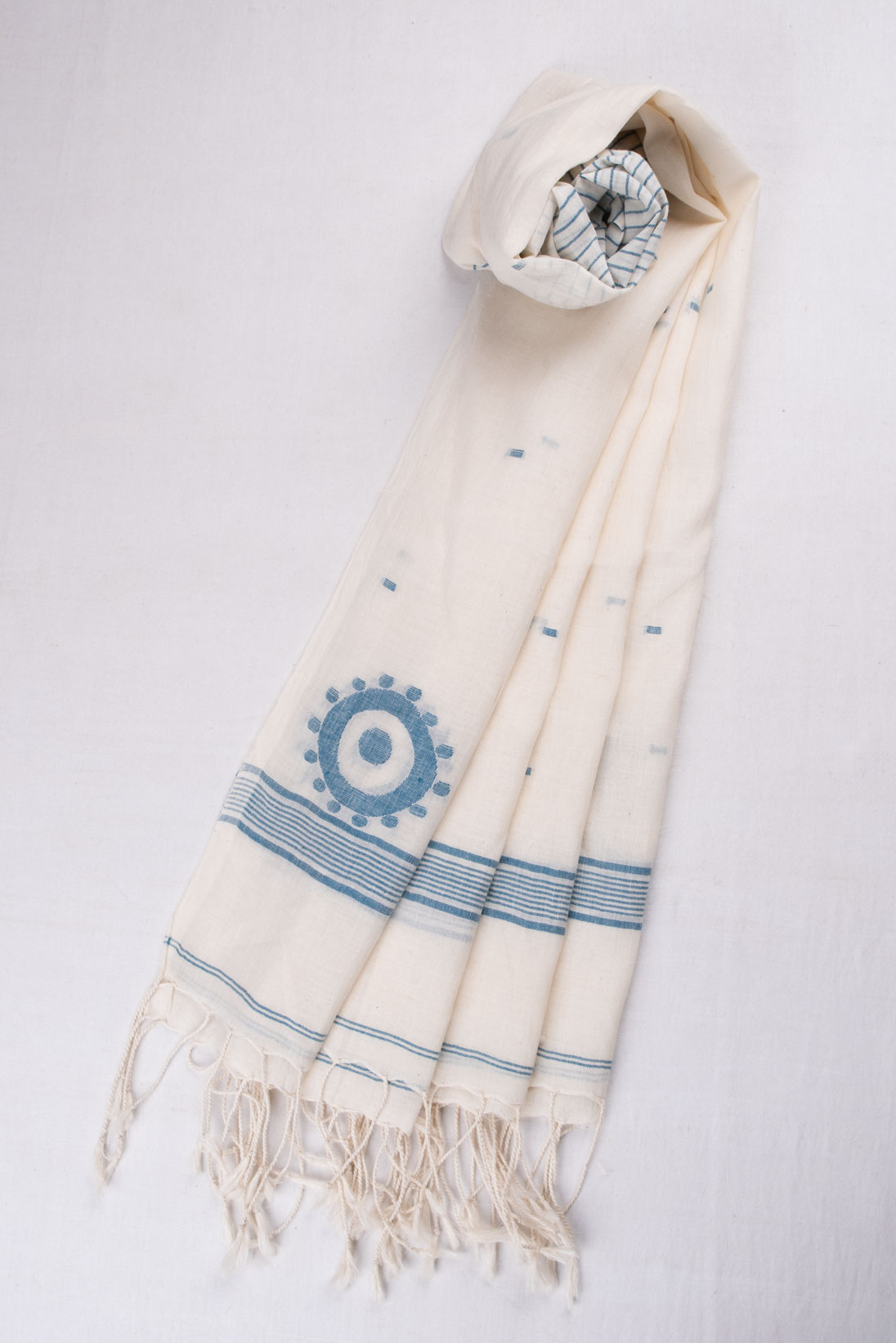 GEOMETRIC STRIPE WHITE JAMDANI HANDWOVEN COTTON SCARF