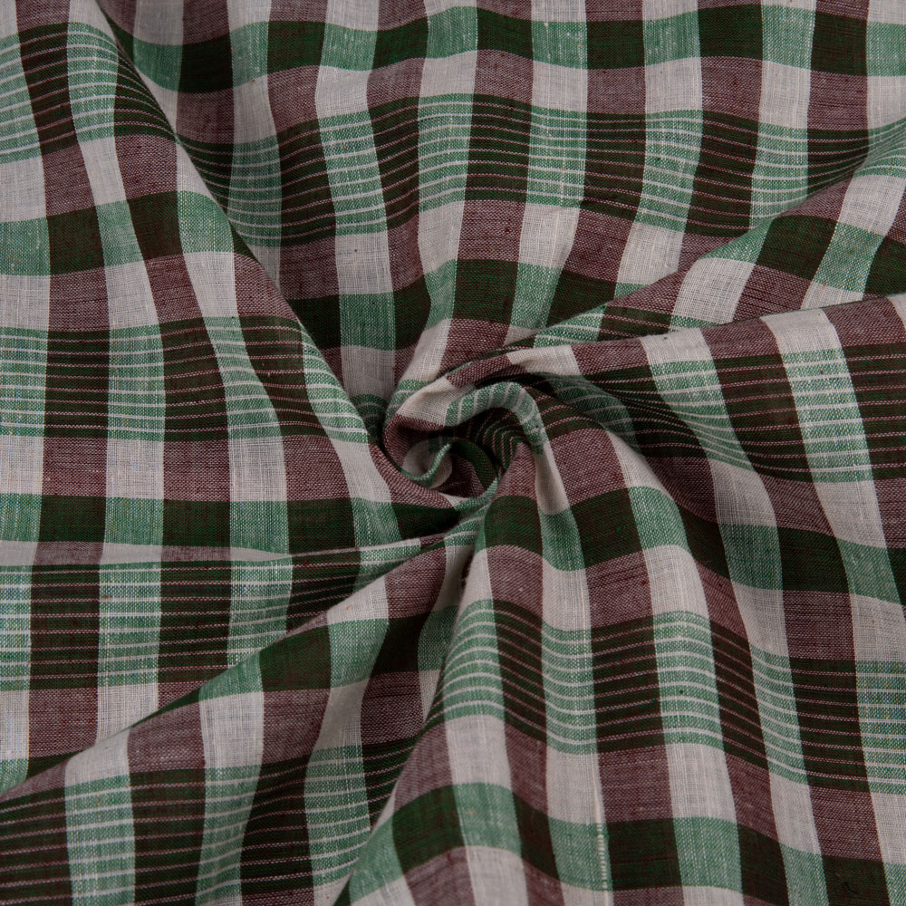 Check Green & Brown Pure Cotton 65 GSM Handwoven Fabric