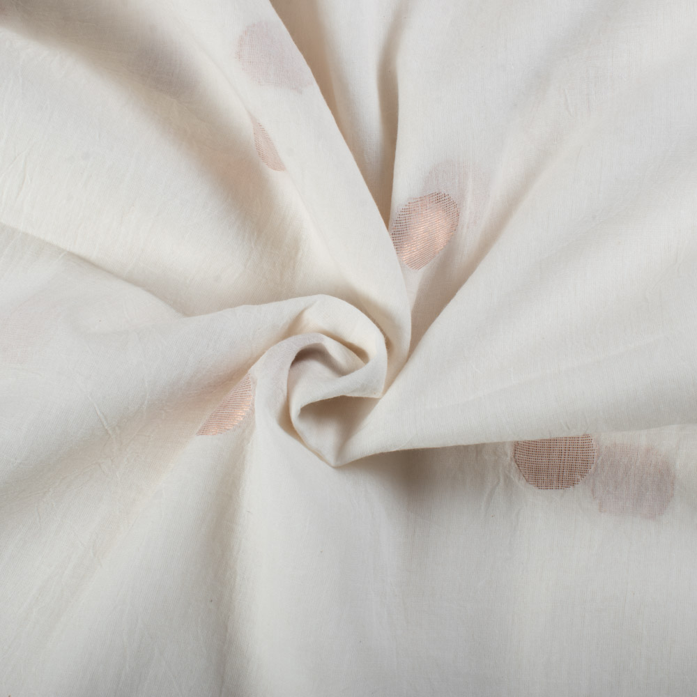White Base Golden Jori Circle Pure Cotton 55 GSM Handwoven Jamdani Fabric