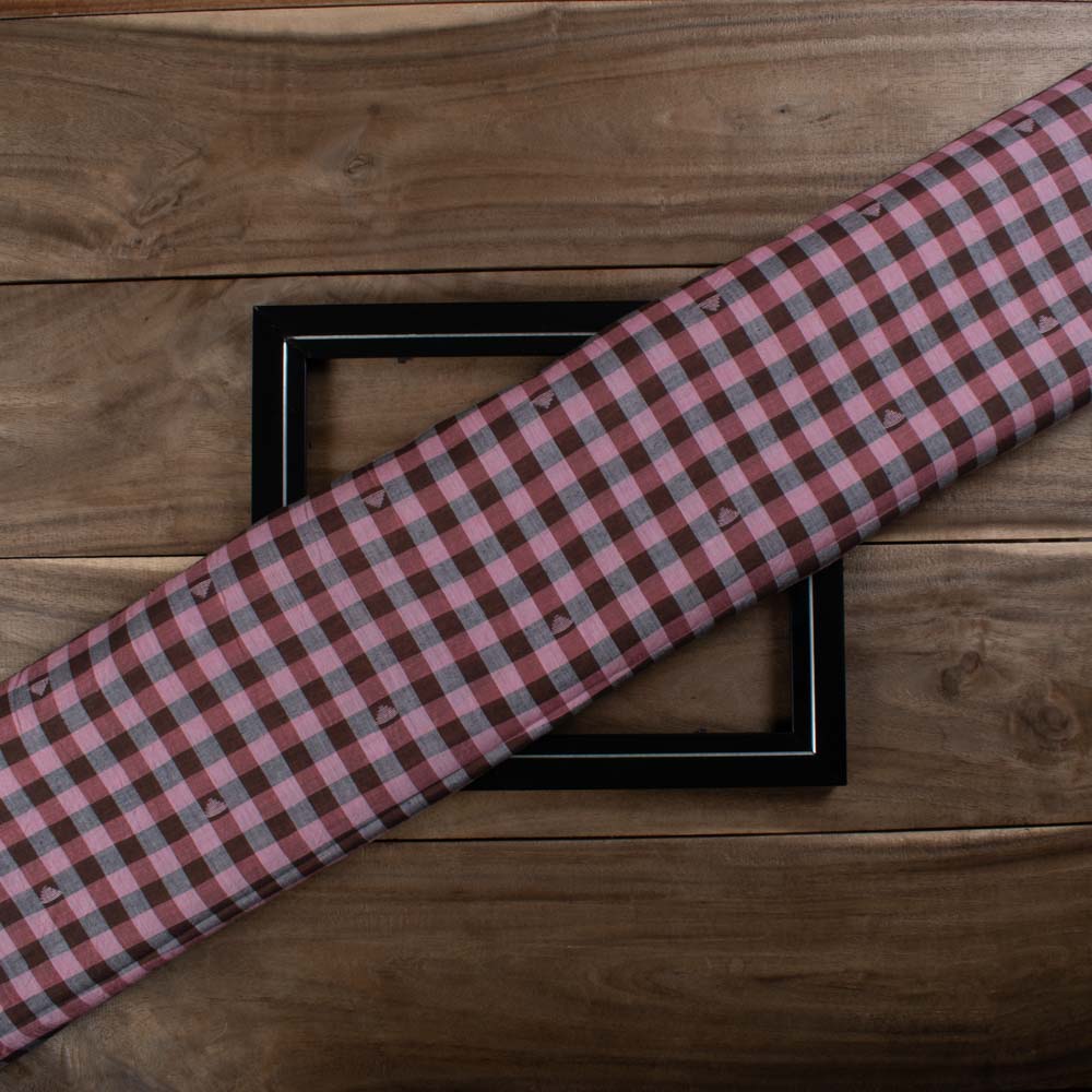 Pink & Chocolate Check Pure Cotton Pink Jamdani 55 GSM Handwoven Fabric