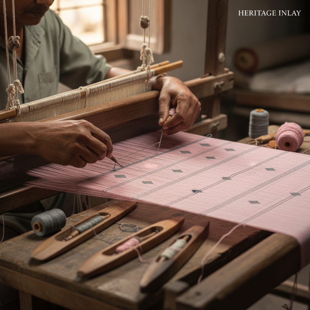 Artisan inserting supplementary weft threads by hand using a needle on a jamdani loom