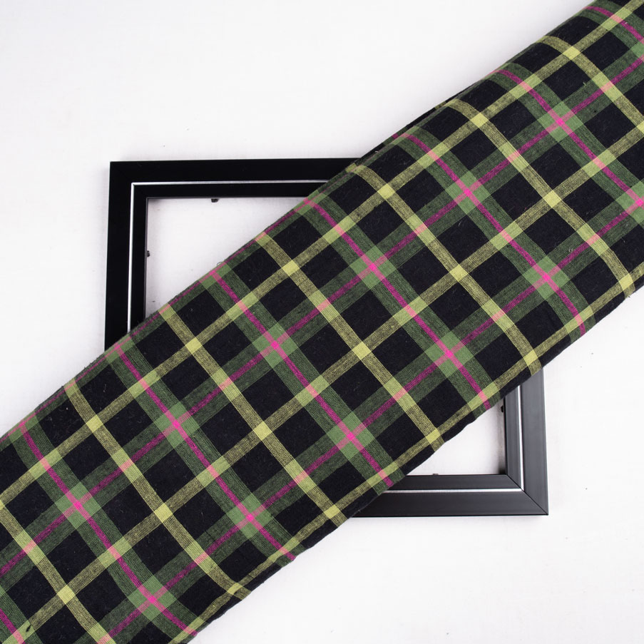 Check Black Green and Pink Pure Cotton 103 GSM Handwoven Fabric