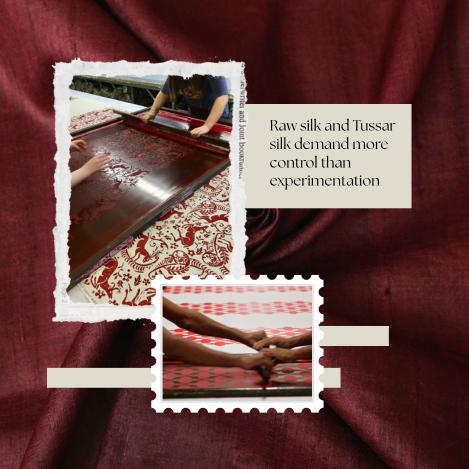 Screen printing on raw silk and tussar silk showing texture and ink spread variation
