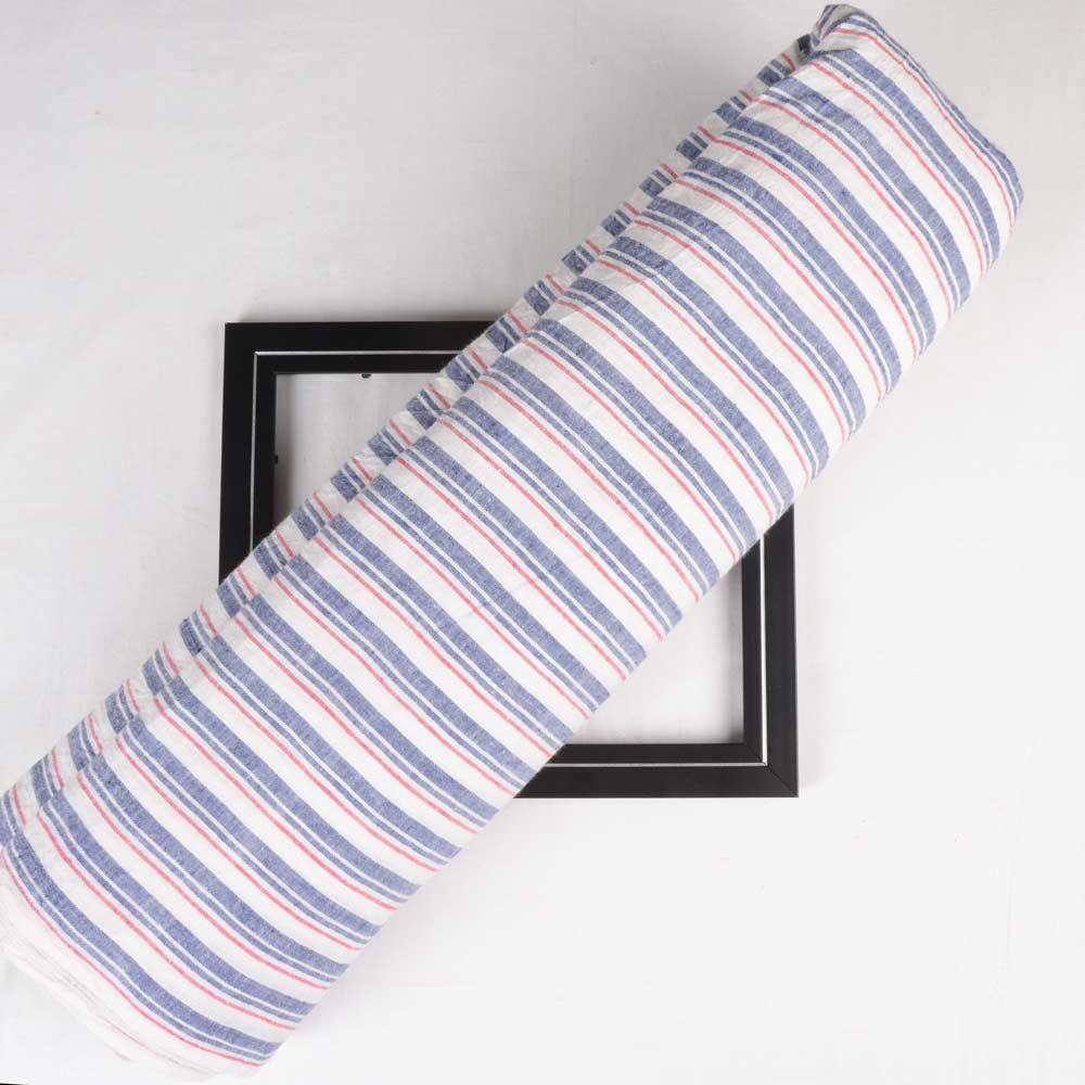 Stripe Blue White & Red Khadi Fabric - 112 GSM Handspun & Handwoven
