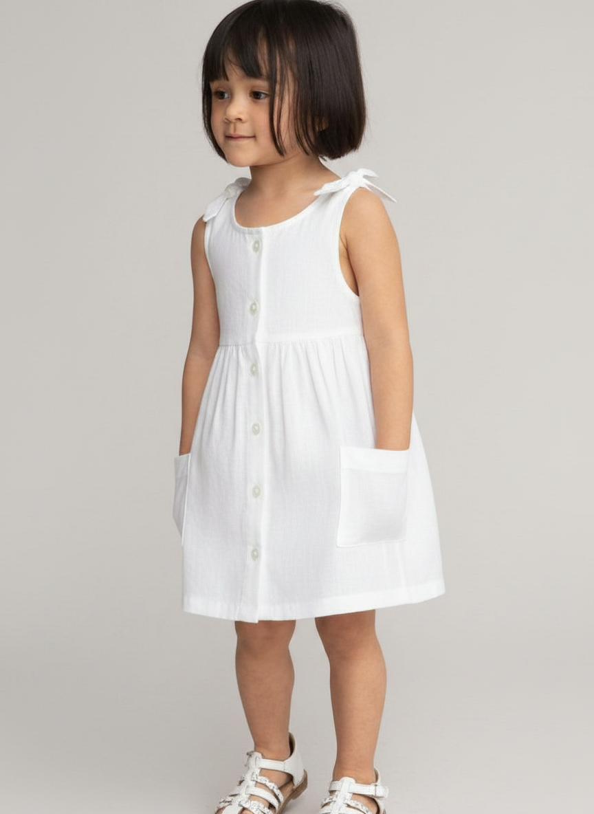 Button Up Shoulder Tie Kids Dress