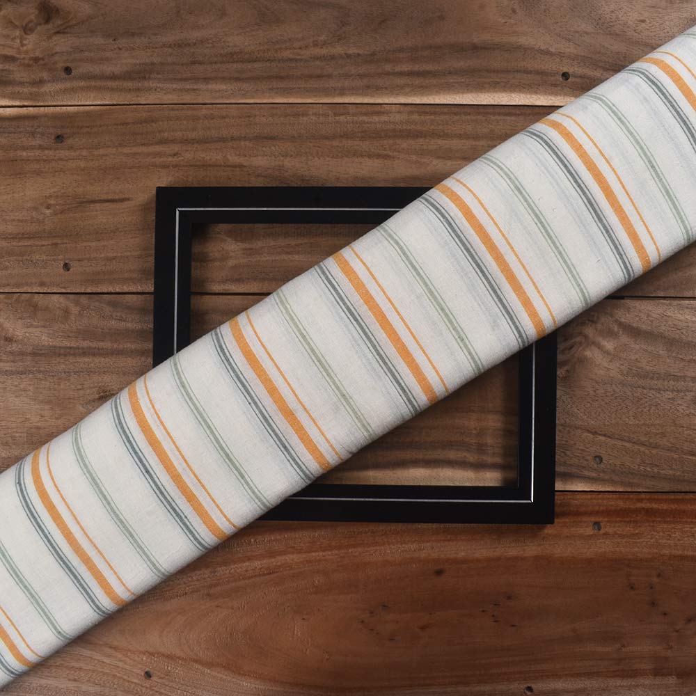 Stripe White Orange & Green Pure Cotton 89 GSM Handwoven Fabric